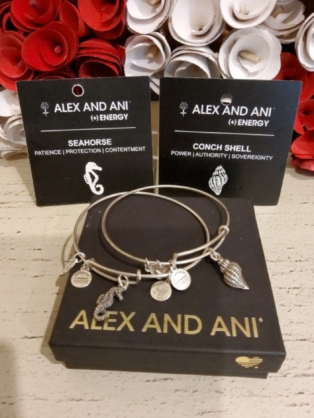 Alex and Ani Silver Seahorse and Conch Shell Charm Bangle Set